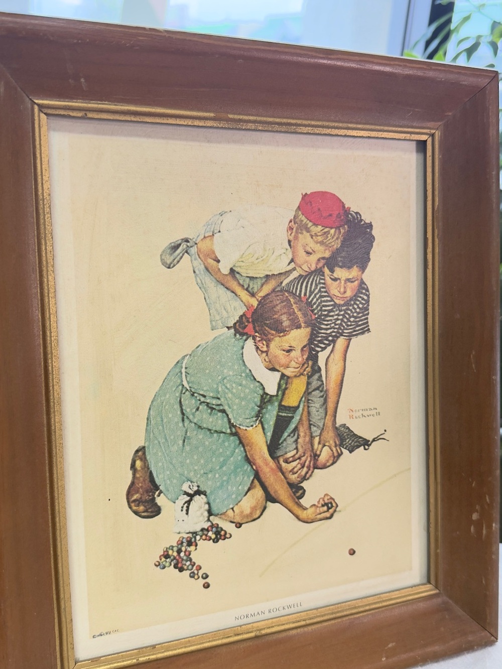 Vintage Norman Rockwell Style Framed Home Art Print - Green, Red, Blue